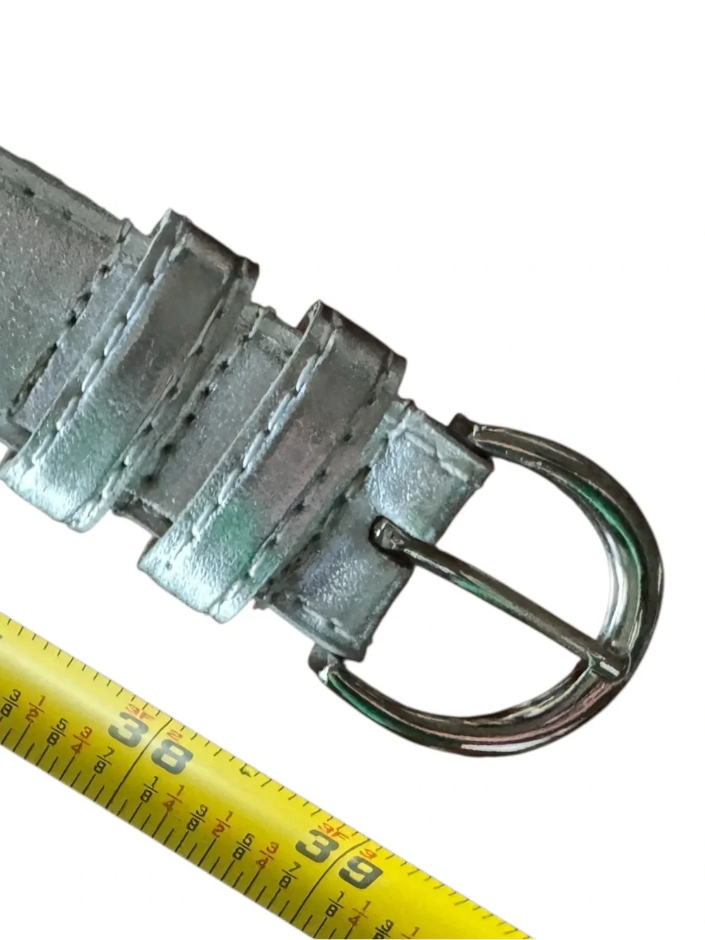 Genuine Leather Metallic Silver Skinny Belt Silver Tone Buckle 1” x 40”
